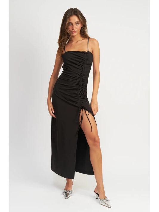 Harper Side Ruched Midi Dress with Spaghetti Straps