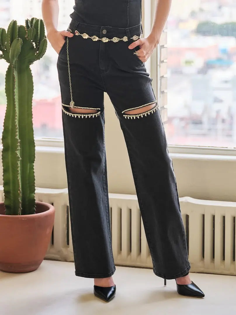 Tay Cut Out Front Rhinestone Jeans