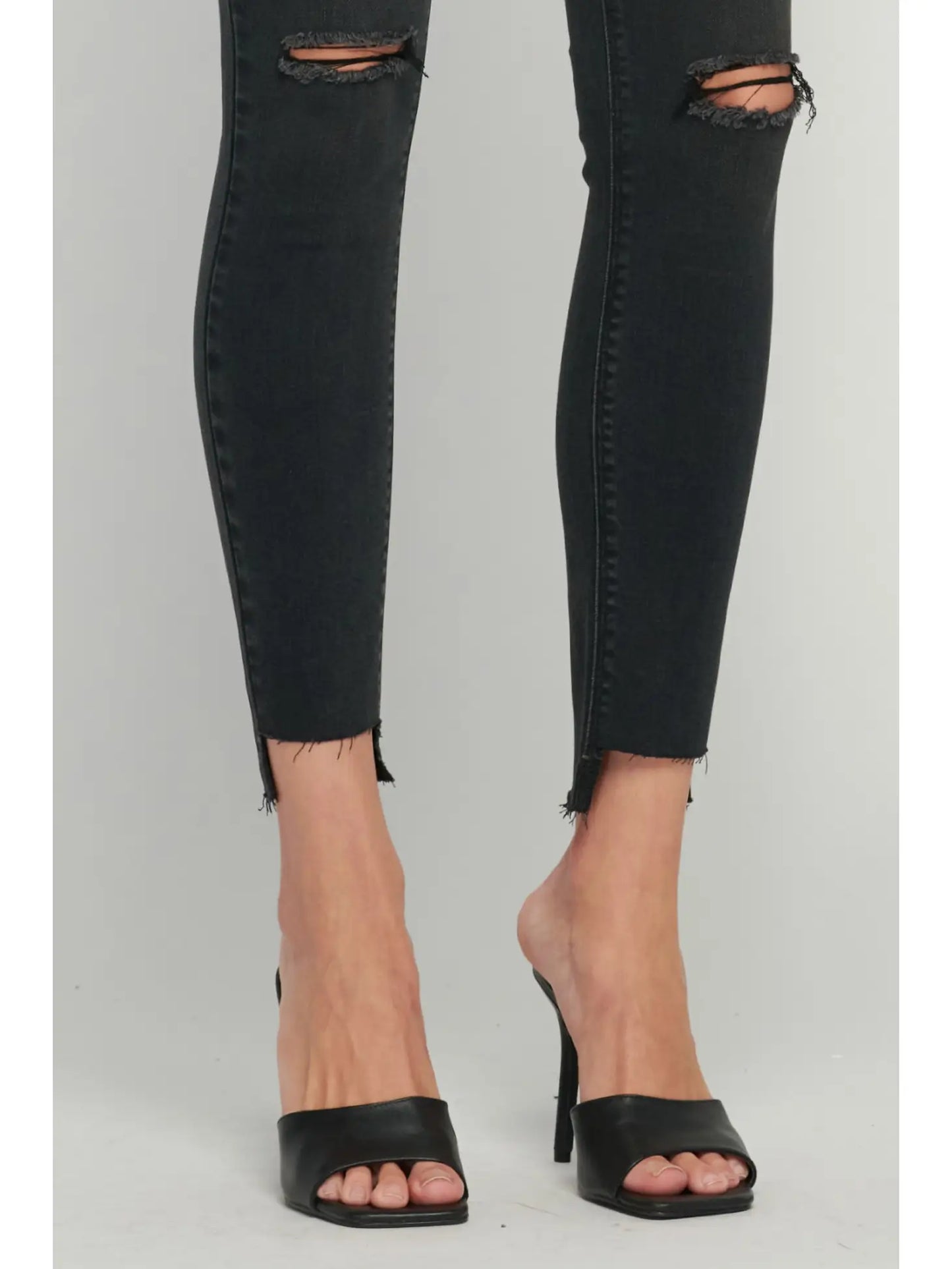 Amelia Black Step Hem Knee Slit High Rise Skinny