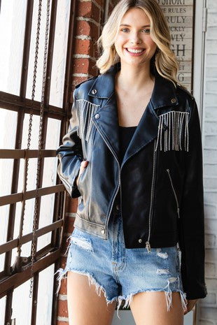 Nash Rhinestone Faux Leather Moto Jacket