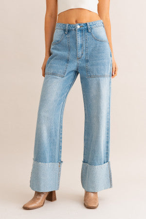 Parker High Waist Wide Leg Cuffed Jeans