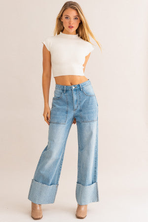 Parker High Waist Wide Leg Cuffed Jeans